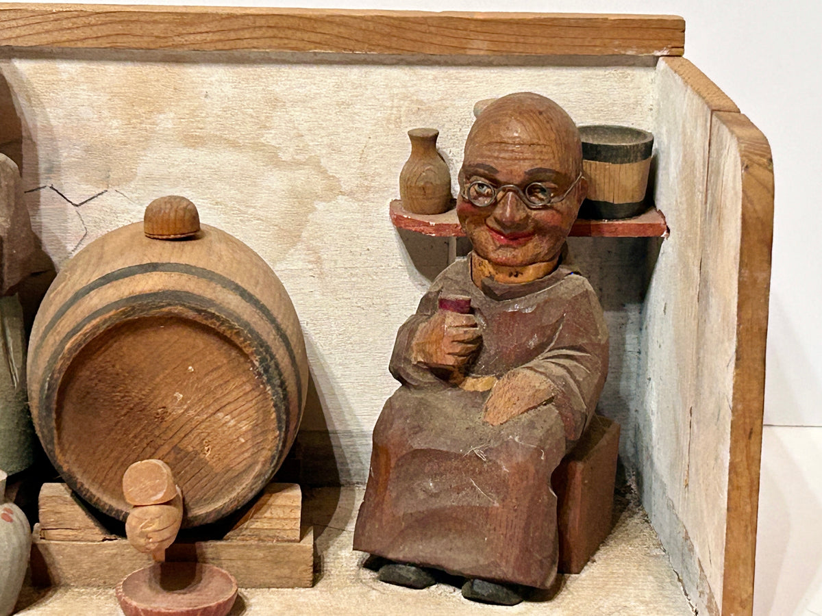 ANTIQUE GERMAN HAND CARVED FIGURAL MEN CORK SCREW AND BOTTLE STOPPER WITH MUSIC BOX