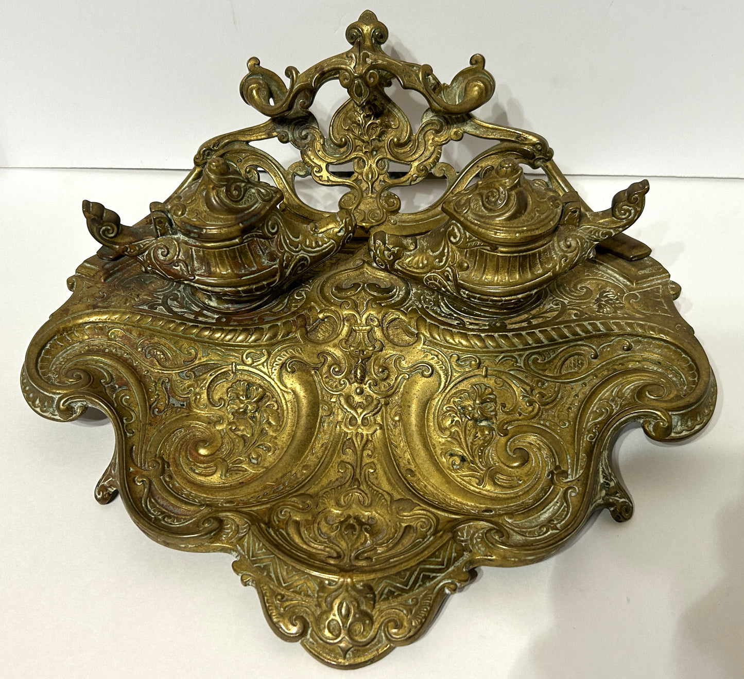 LARGE ANTIQUE FANCY BRASS DOUBLE INKWELL HIGH QUALITY