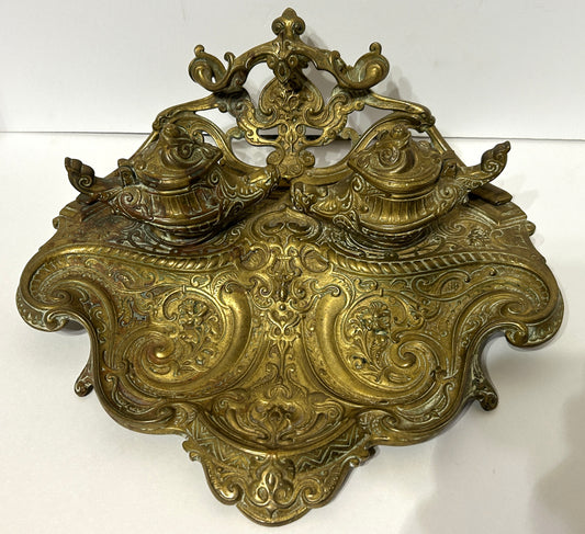LARGE ANTIQUE FANCY BRASS DOUBLE INKWELL HIGH QUALITY