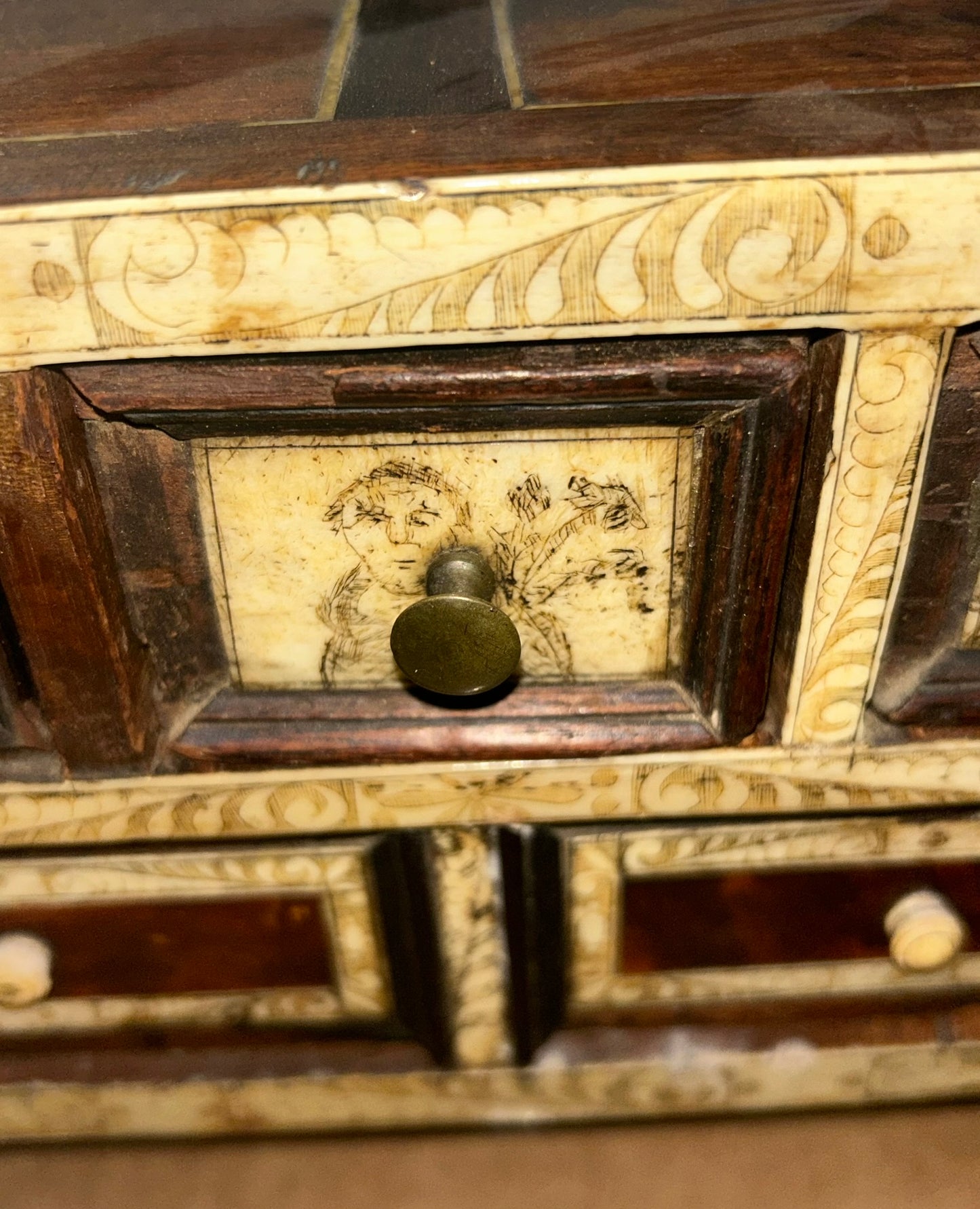 FOLK ART ANTIQUE WOOD AND SCRIMSHAW CABINET