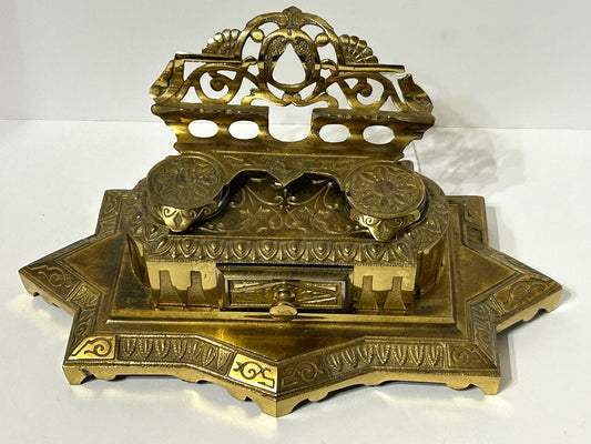 ANTIQUE BRASS LARGE DOUBLE INKWELL DATED 1874