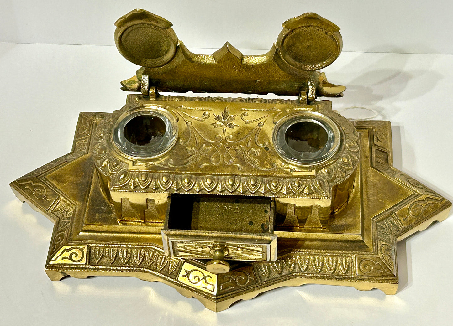 ANTIQUE BRASS LARGE DOUBLE INKWELL DATED 1874