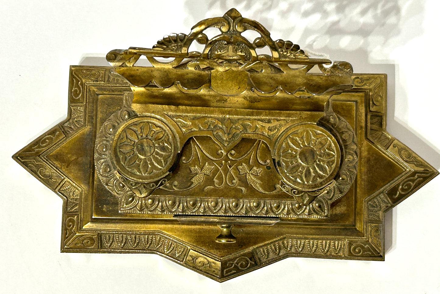 ANTIQUE BRASS LARGE DOUBLE INKWELL DATED 1874
