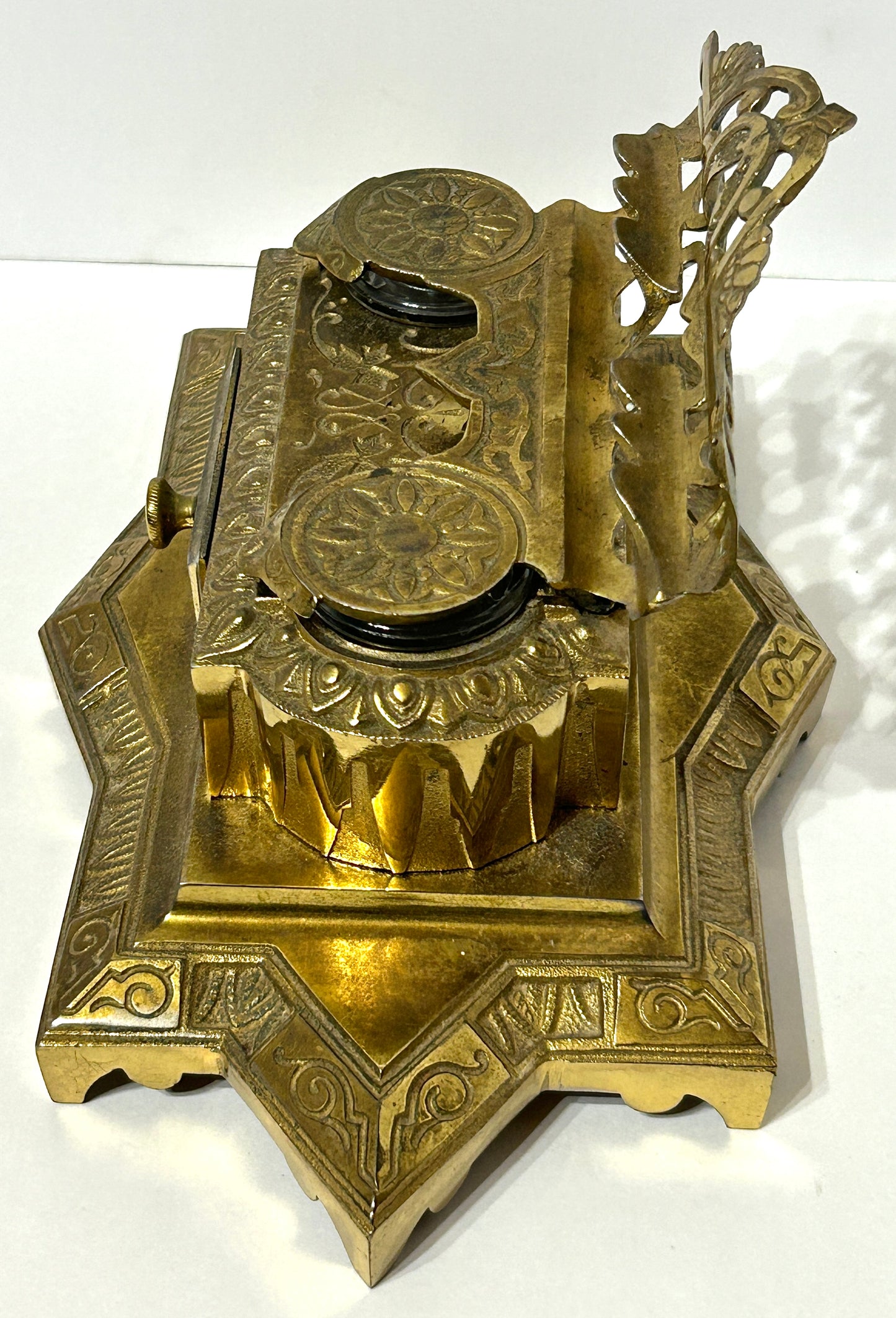 ANTIQUE BRASS LARGE DOUBLE INKWELL DATED 1874