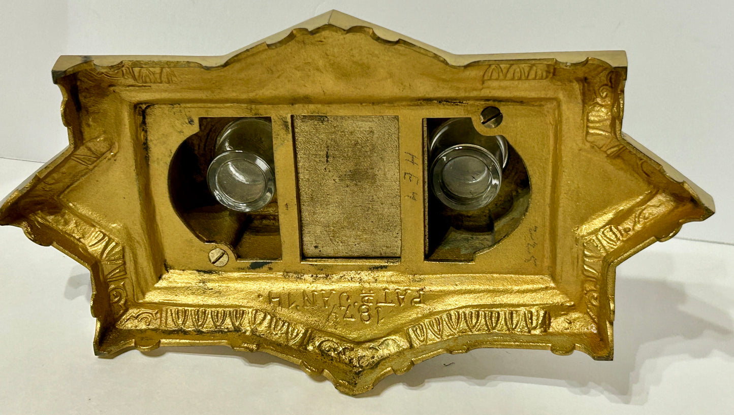 ANTIQUE BRASS LARGE DOUBLE INKWELL DATED 1874