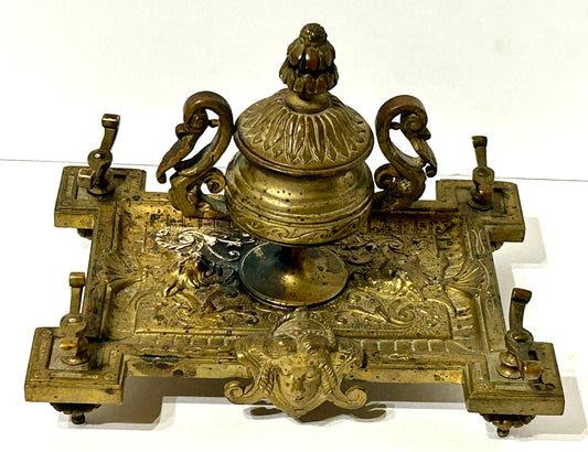 ANTIQUE INKWELL BRONZE WITH FACES