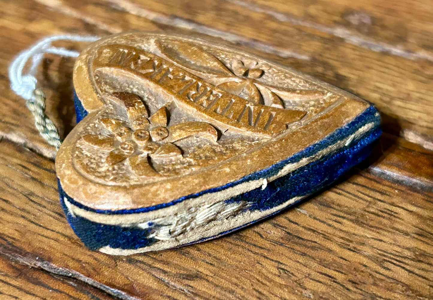 PIN HOLDER OF ANTIQUE CARVED WOOD HEART SHAPE