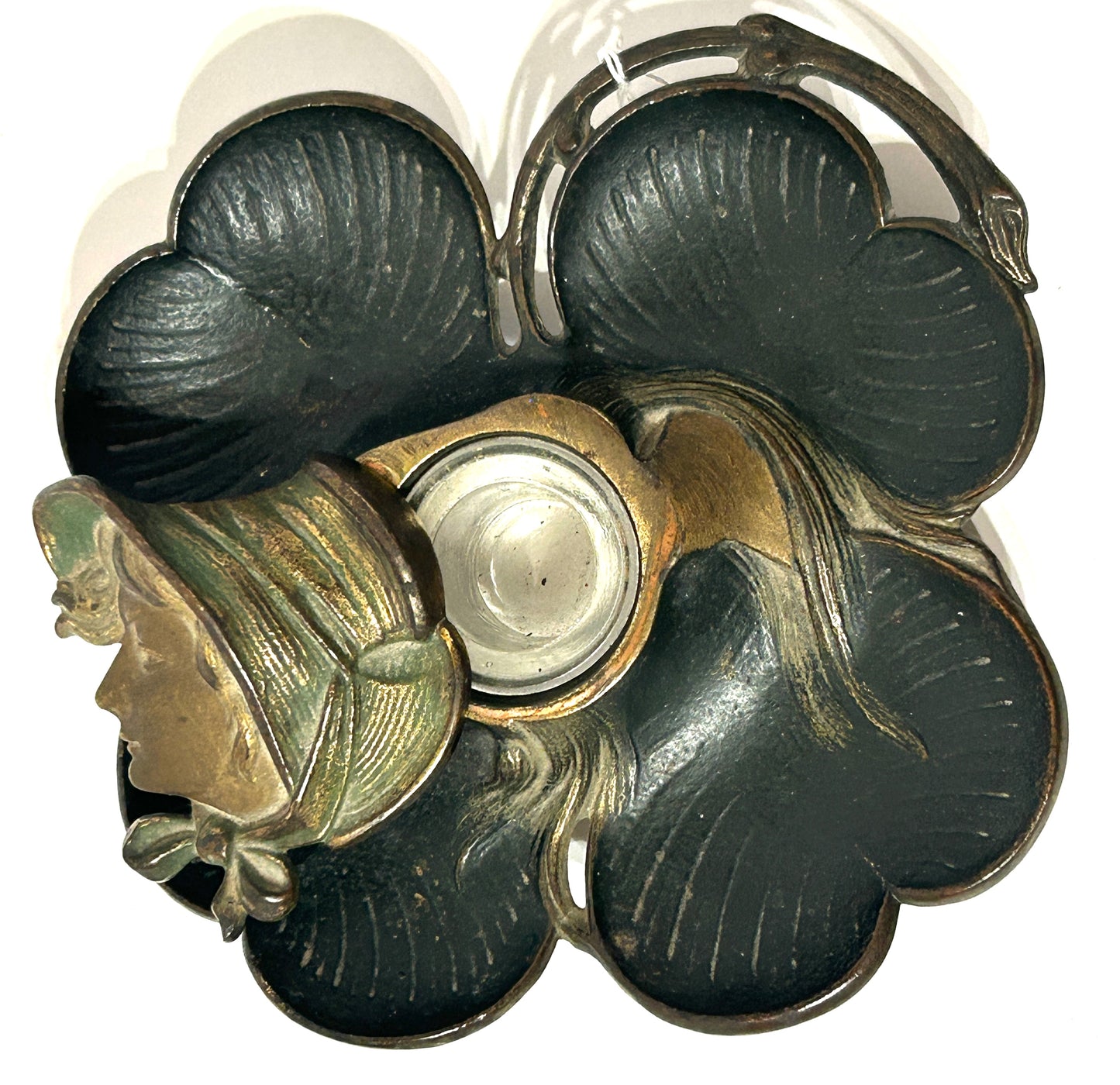 ANTIQUE INKWELL CLOVER DESIGN WITH GIRLS HEAD