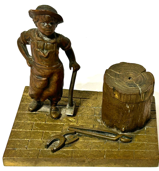 ANTIQUE FIGURAL BRONZE INKWELL OF BLACKSMITH BOY