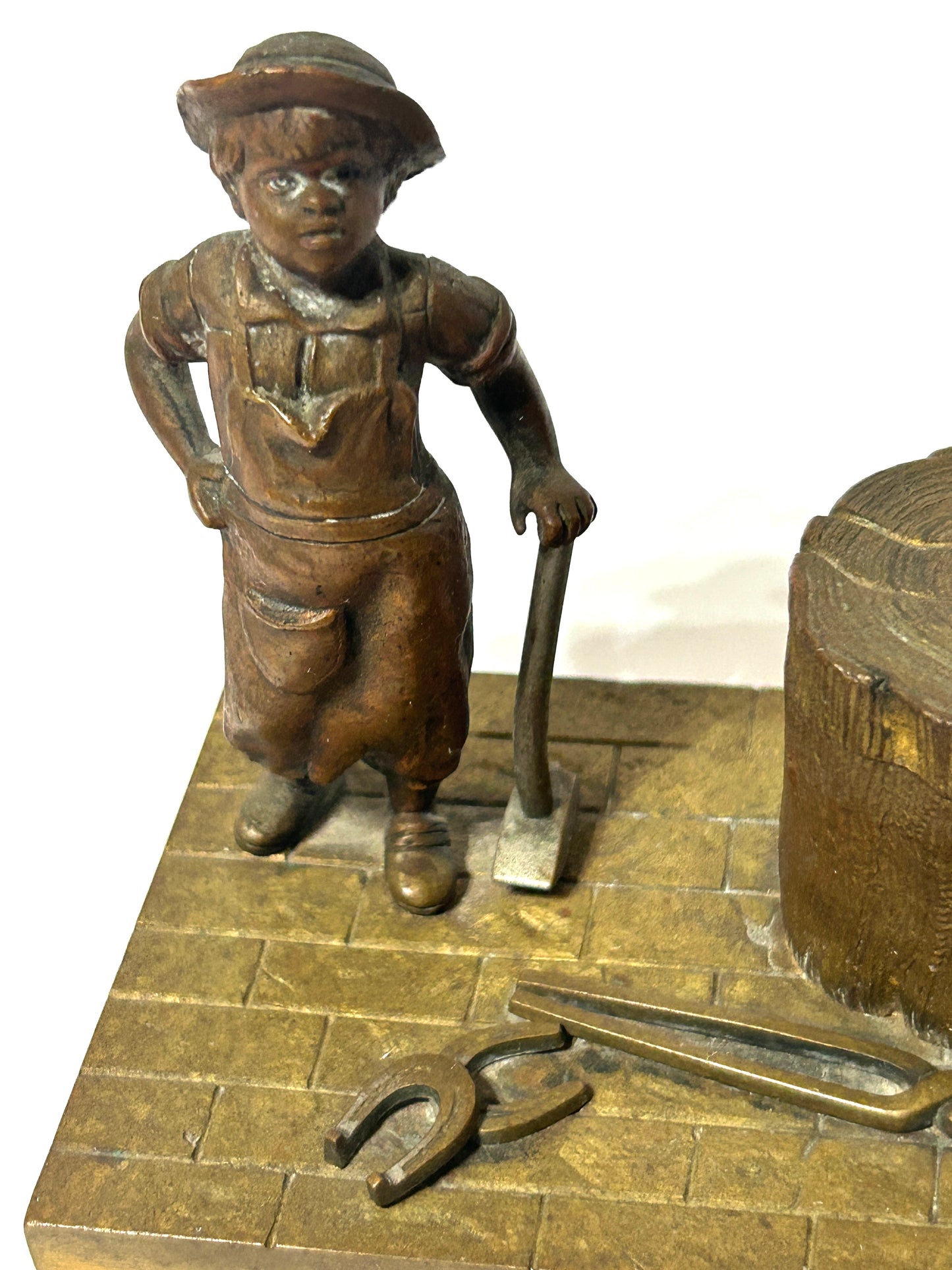 ANTIQUE FIGURAL BRONZE INKWELL OF BLACKSMITH BOY