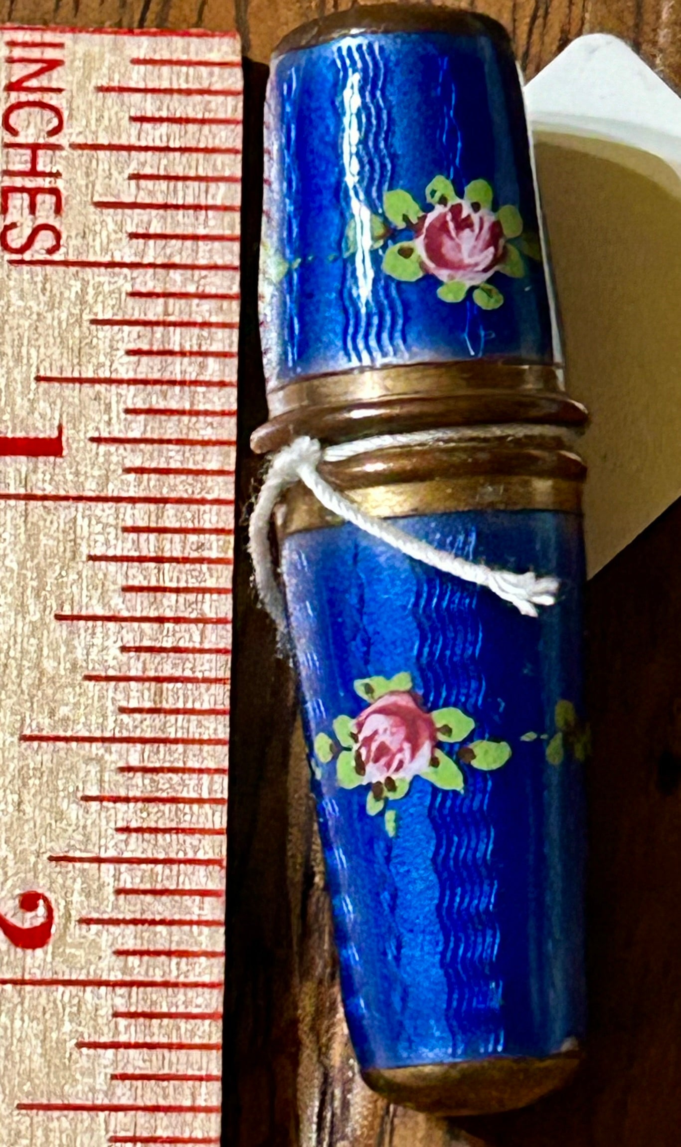 BLUE ENAMELED THIMBLE AND THREAD ANTIQUE CASE