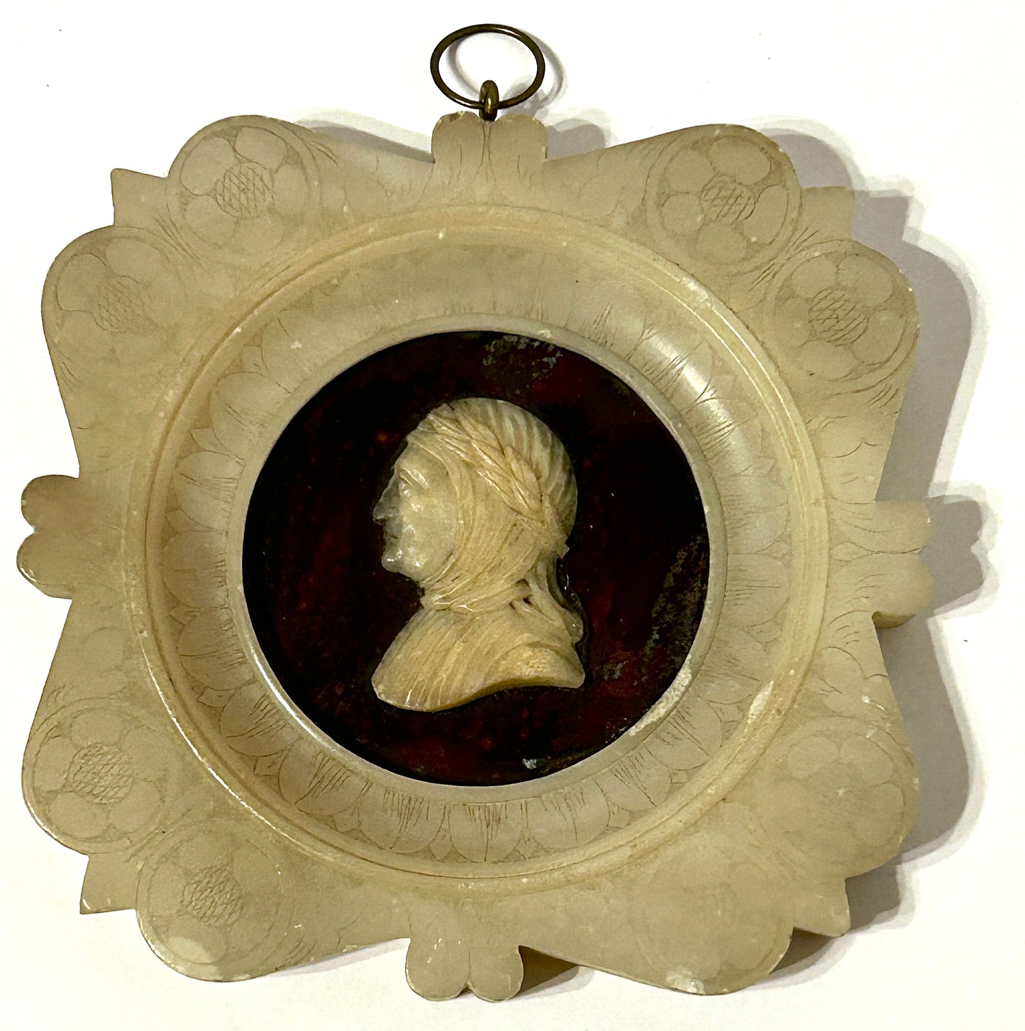 ANTIQUE CARVED MARBLE ALABASTER PLAQUE OF PERSON PROFILE