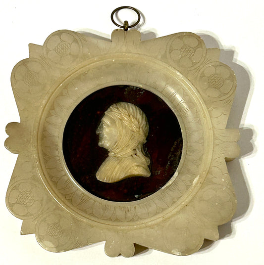 ANTIQUE CARVED MARBLE ALABASTER PLAQUE OF PERSON PROFILE