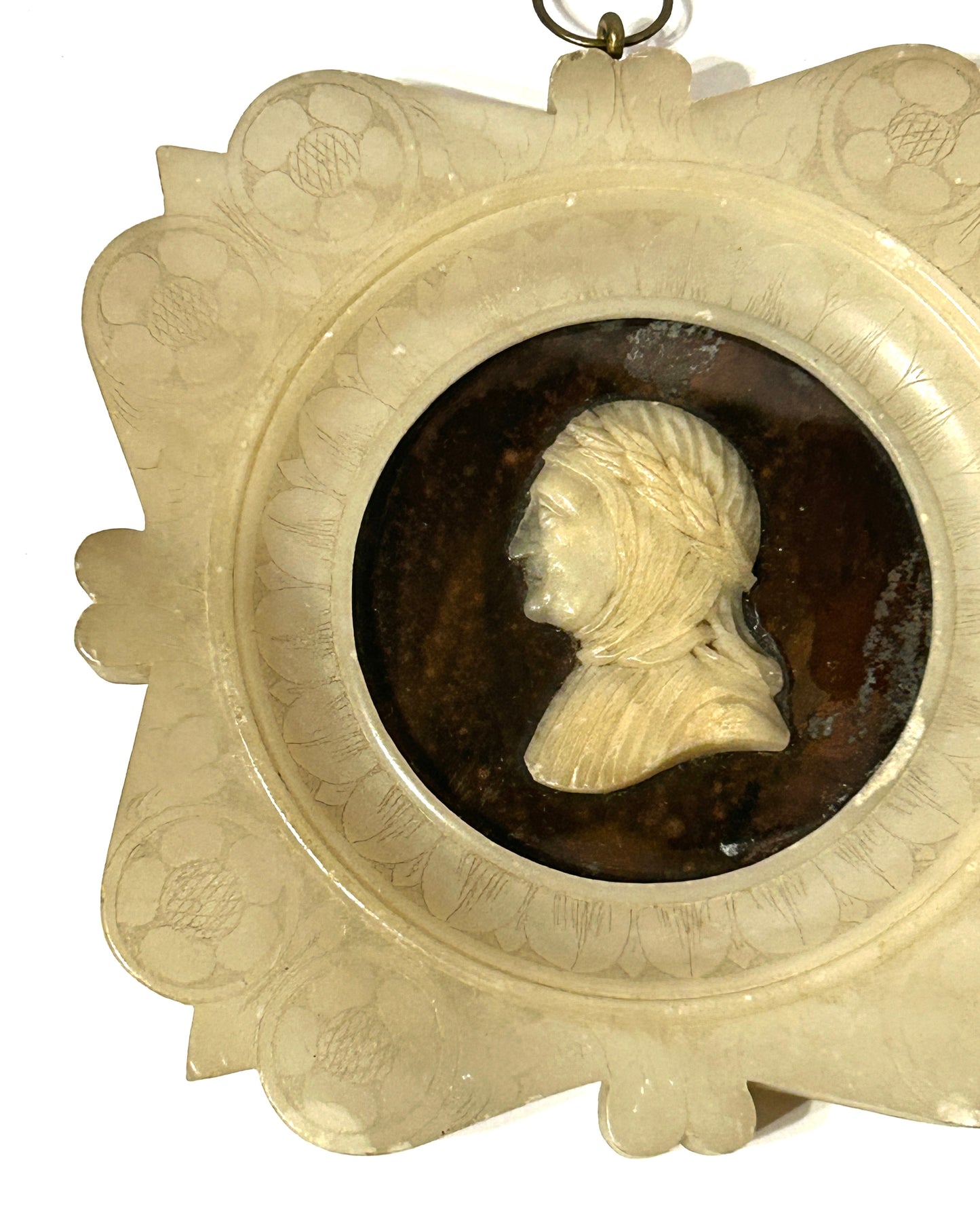ANTIQUE CARVED MARBLE ALABASTER PLAQUE OF PERSON PROFILE