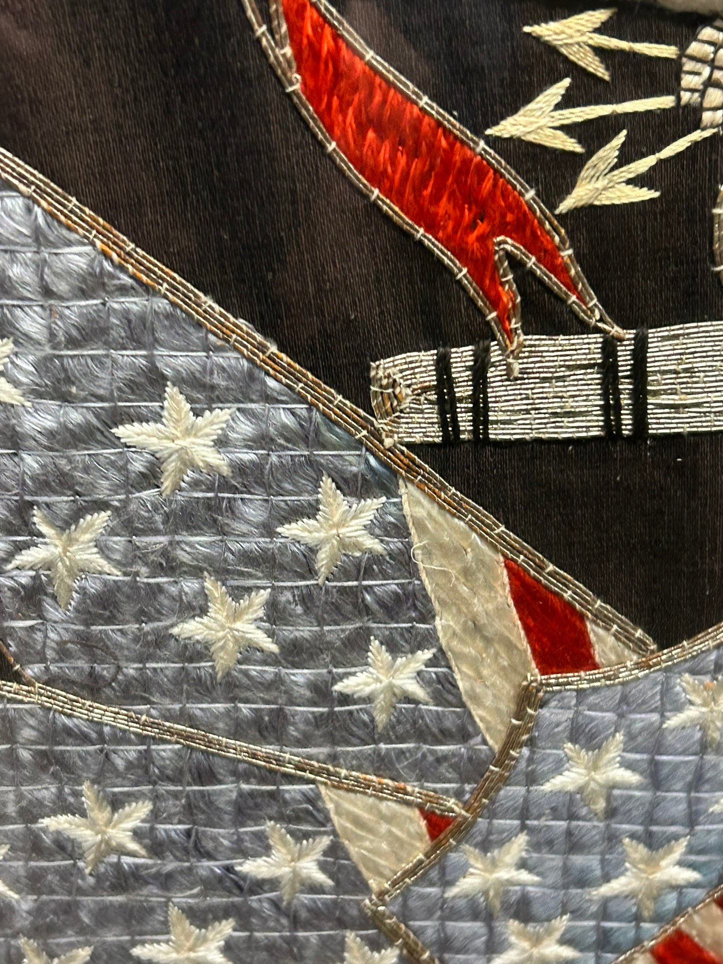 ORIENTAL EXPORT SILK NEEDLEWORK OF EAGLE AND FLAGS FOR F. 0. E. CIRCA 1900
