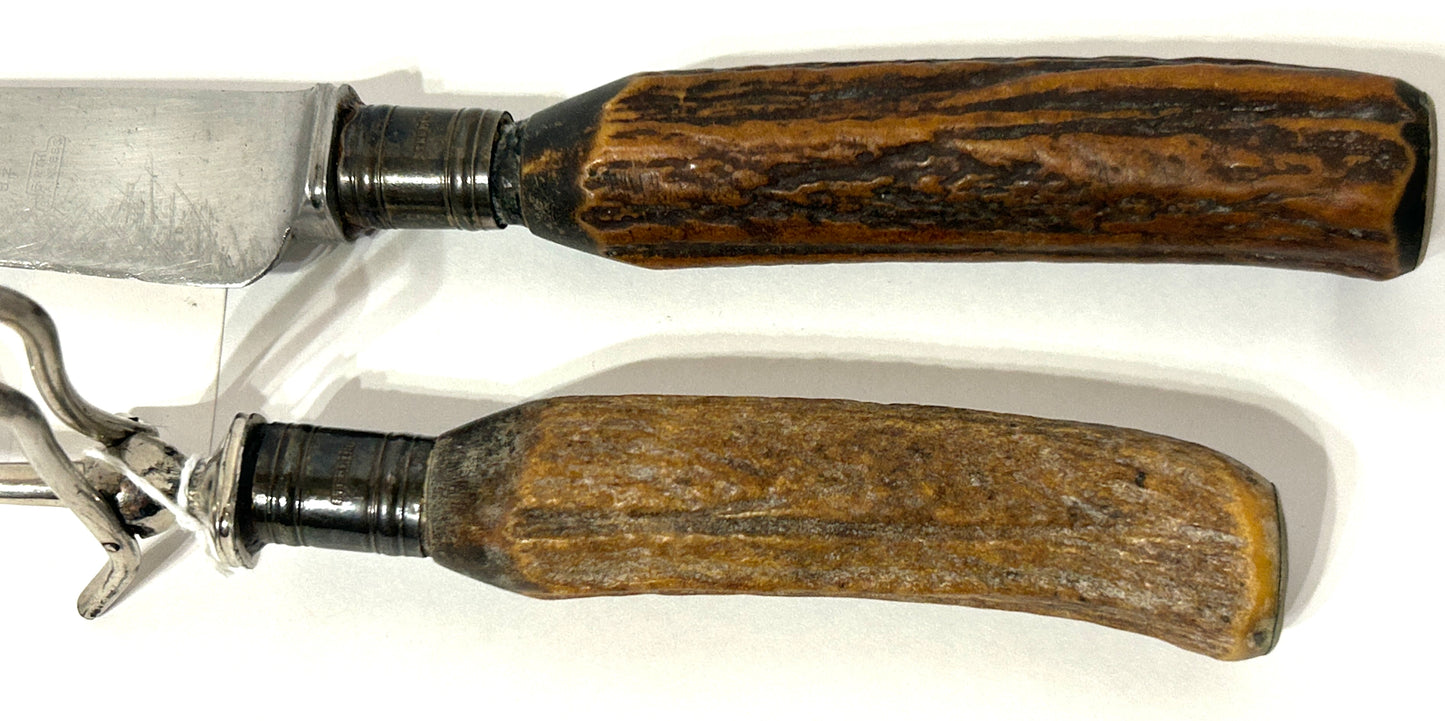 ANTIQUE CARVING SET STERLING AND HORN HANDLES