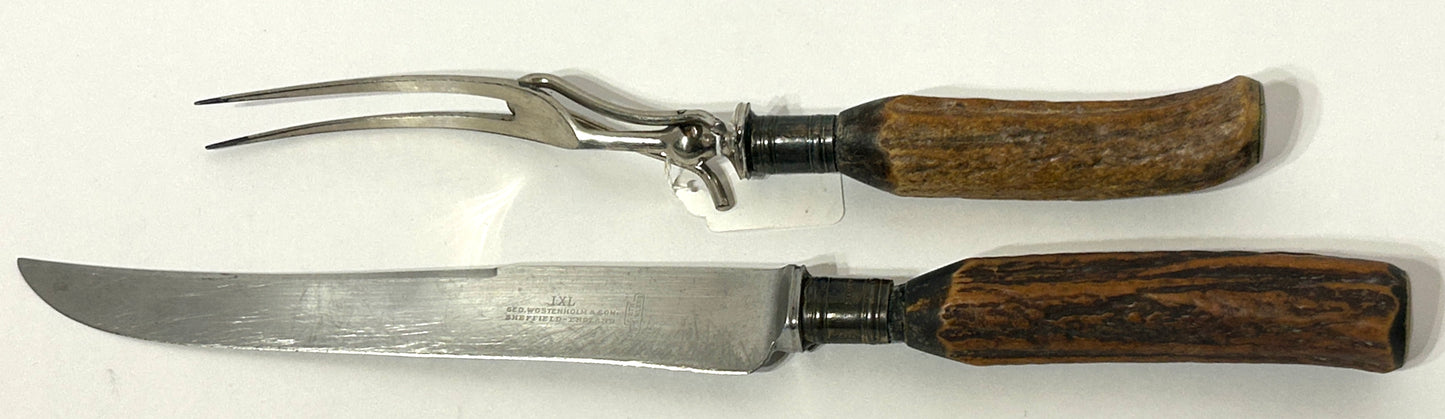 ANTIQUE CARVING SET STERLING AND HORN HANDLES