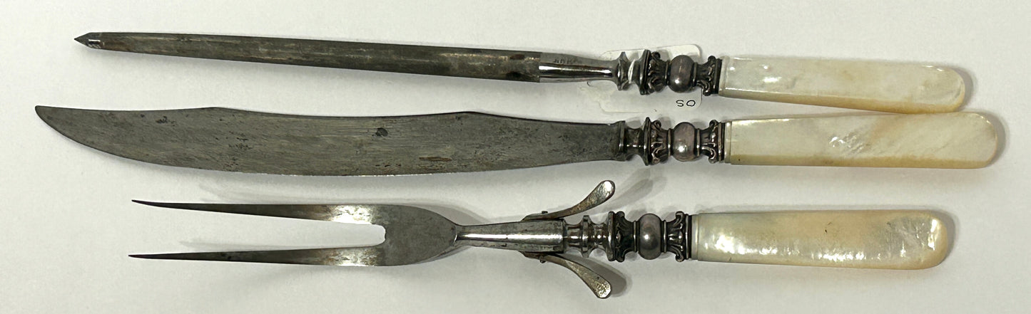 ANTIQUE CARVING SET 3 PIECE MOTHER OF PEARL AND STERLING