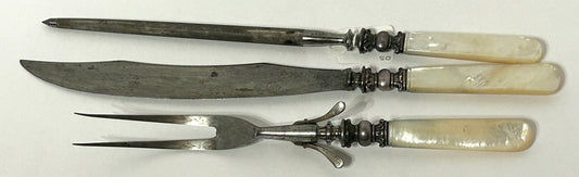 ANTIQUE CARVING SET 3 PIECE MOTHER OF PEARL AND STERLING