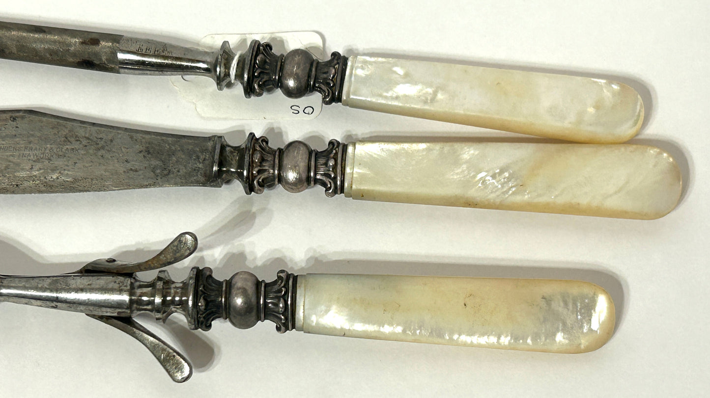 ANTIQUE CARVING SET 3 PIECE MOTHER OF PEARL AND STERLING