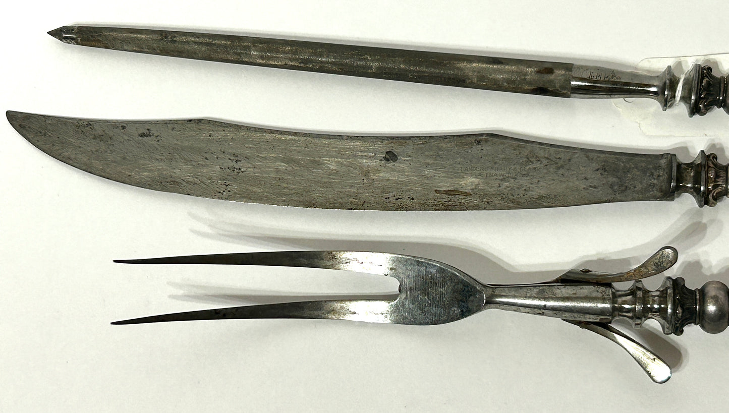 ANTIQUE CARVING SET 3 PIECE MOTHER OF PEARL AND STERLING