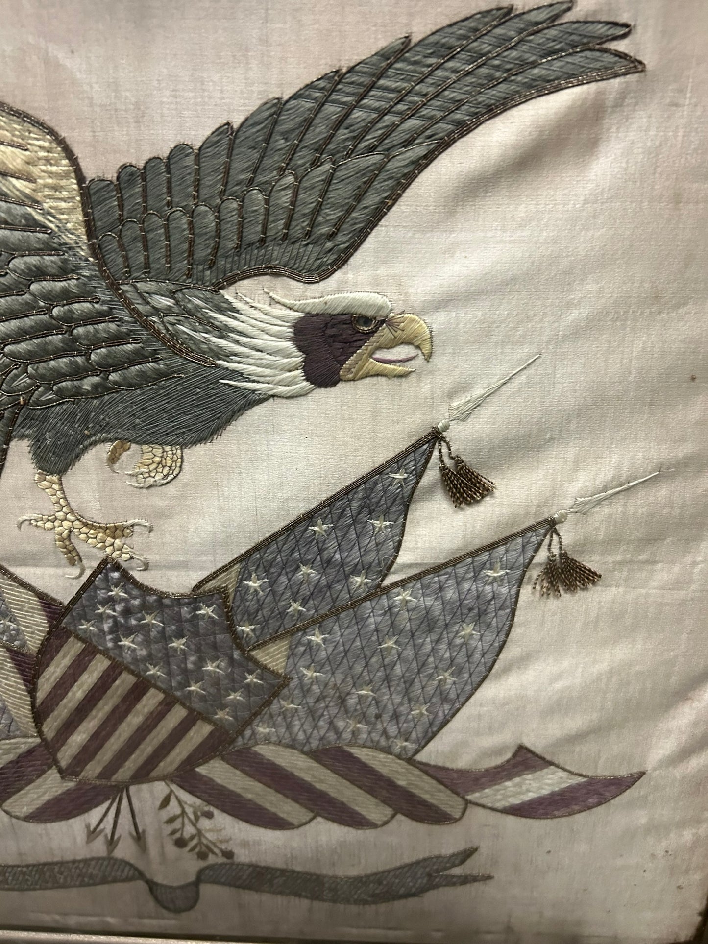 PATRIOTIC SILK EMBROIDERY OF EAGLE, FLAGS, AND SHIELD CIRCA 1900