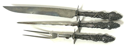 ANTIQUE 3 PIECE CARVING SET WITH SILVER PLATE HANDLES WITH SEA SERPENTS