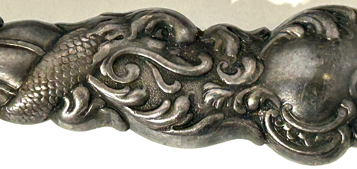 ANTIQUE 3 PIECE CARVING SET WITH SILVER PLATE HANDLES WITH SEA SERPENTS