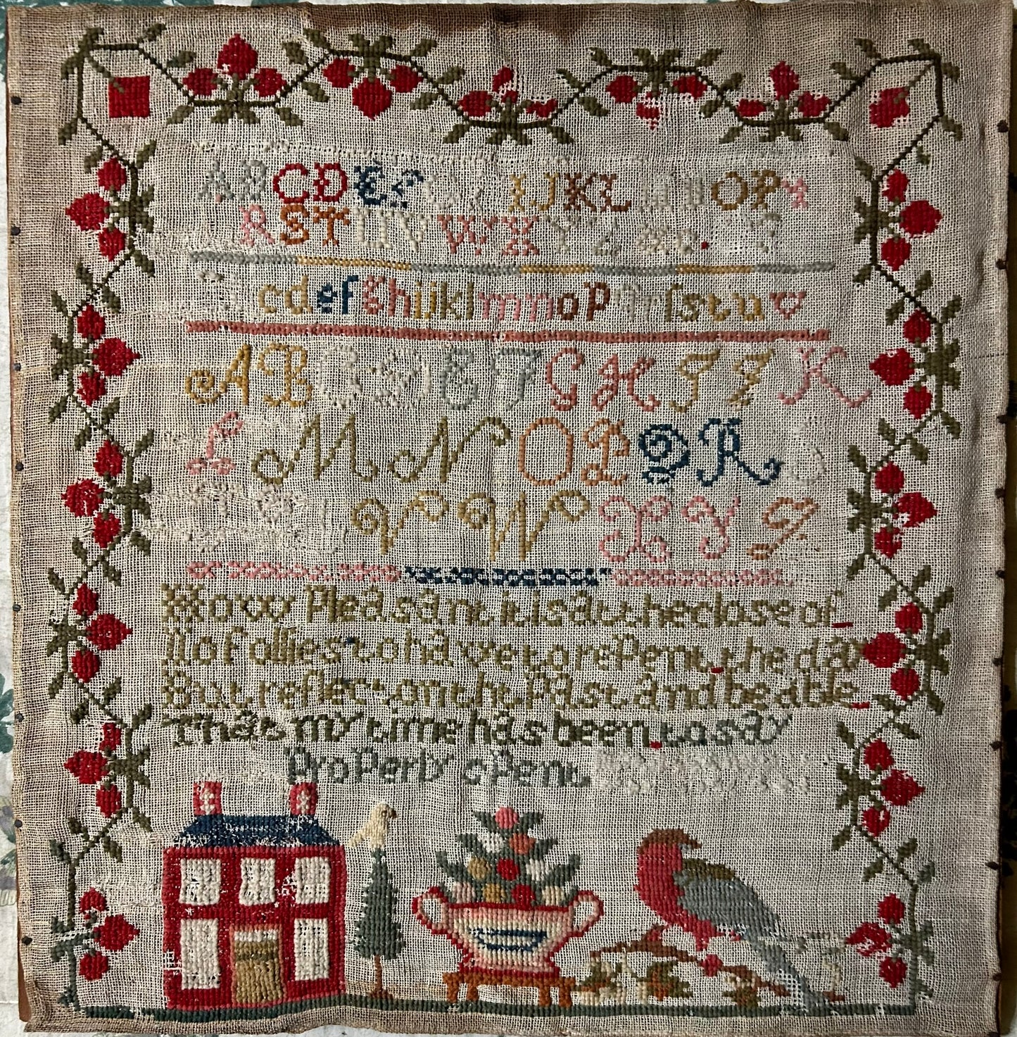ANTIQUE SAMPLER WITH BIRDS, FLOWERS AND HOUSE