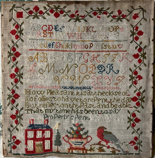 ANTIQUE SAMPLER WITH BIRDS, FLOWERS AND HOUSE