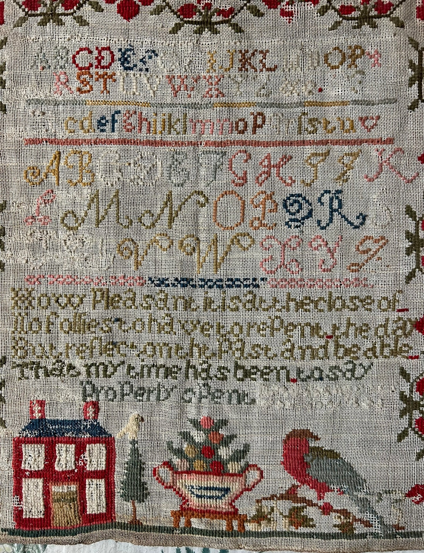 ANTIQUE SAMPLER WITH BIRDS, FLOWERS AND HOUSE