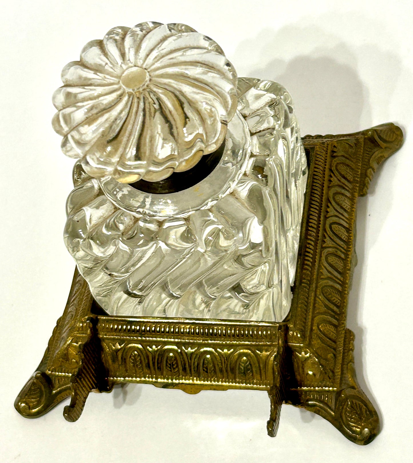 BACCARAT SWIRL GLASS INKWELL ON BRASS BASE