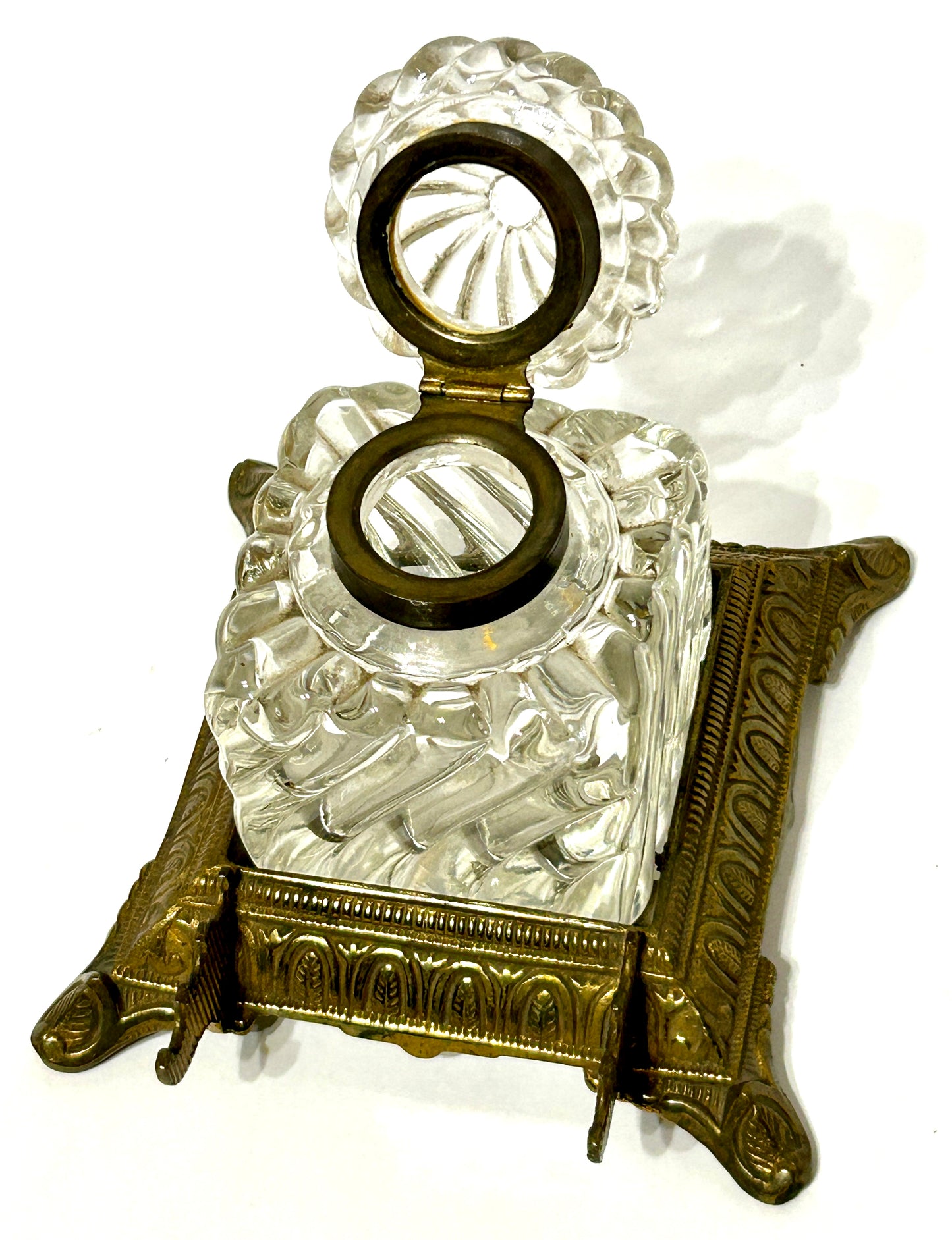 BACCARAT SWIRL GLASS INKWELL ON BRASS BASE