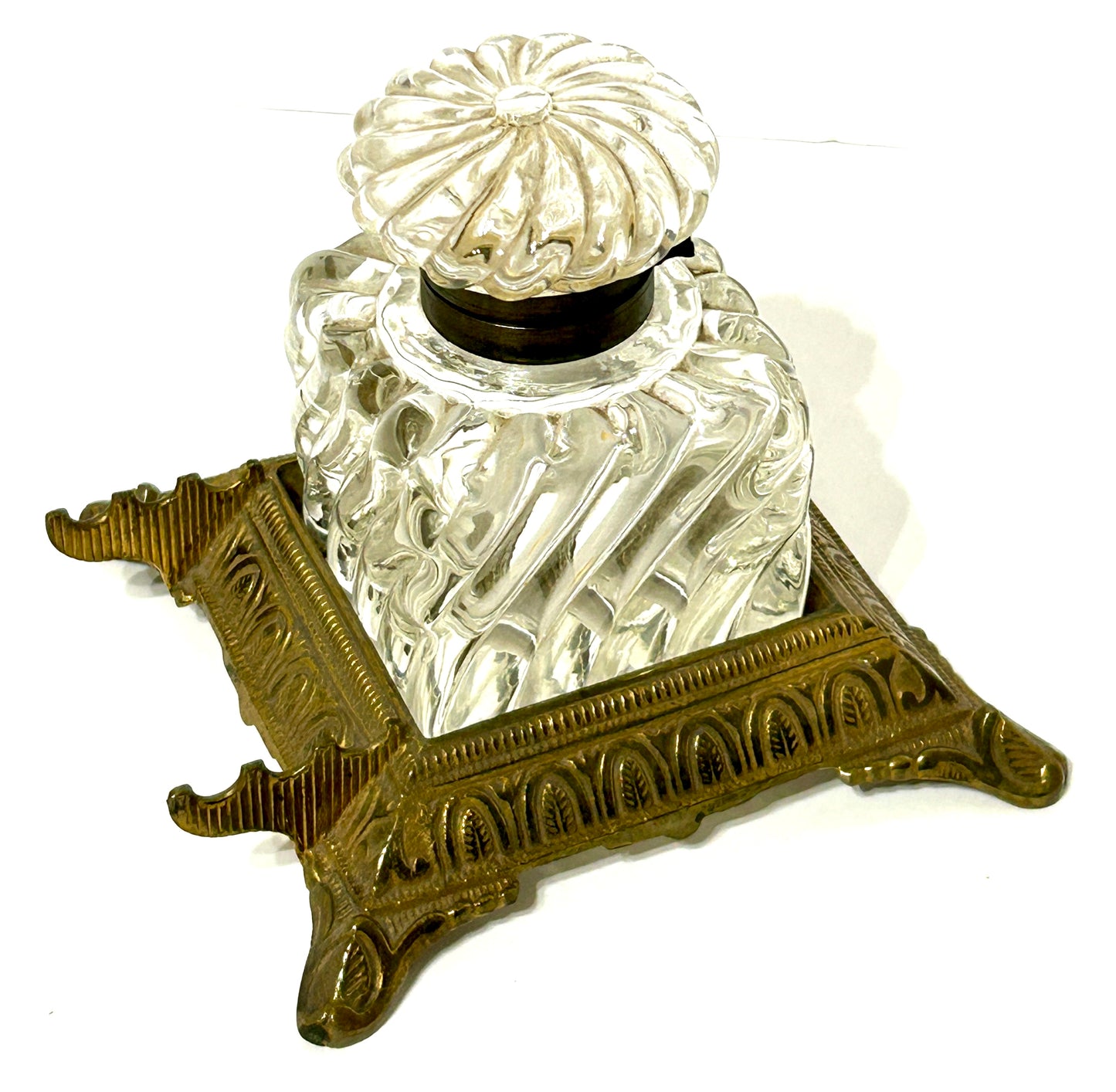 BACCARAT SWIRL GLASS INKWELL ON BRASS BASE