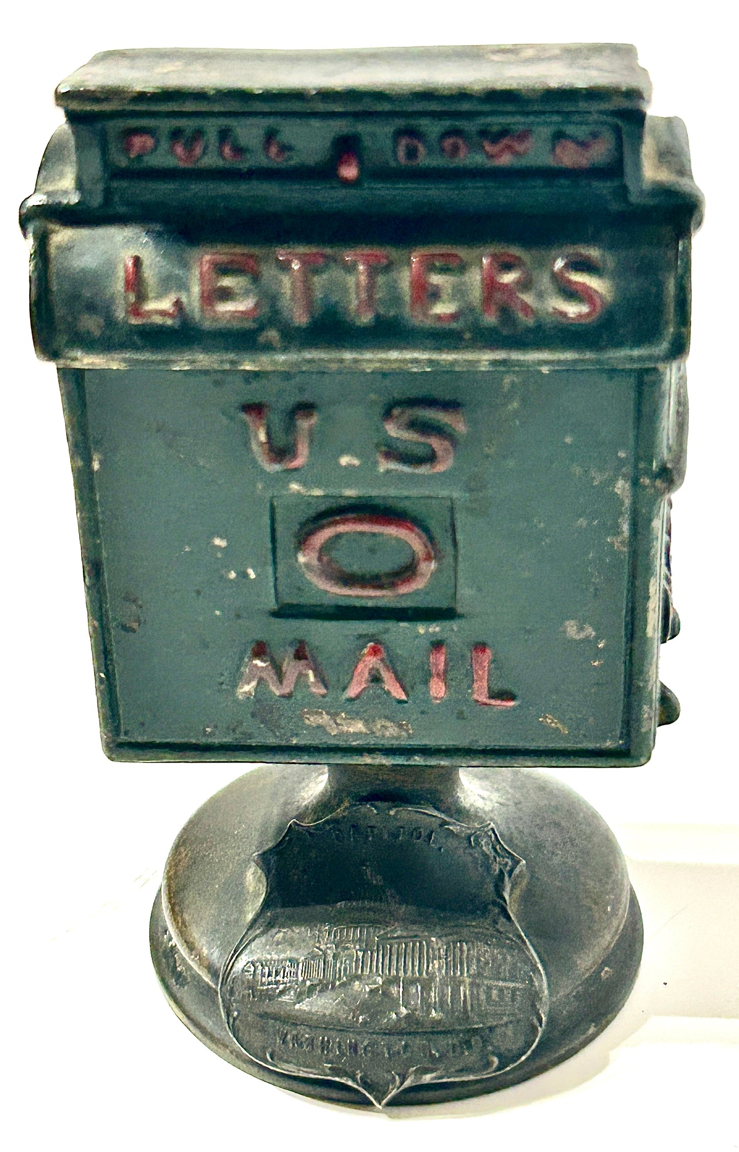FIGURAL MAIL BOX IRON POSTAGE STAMP HOLDER
