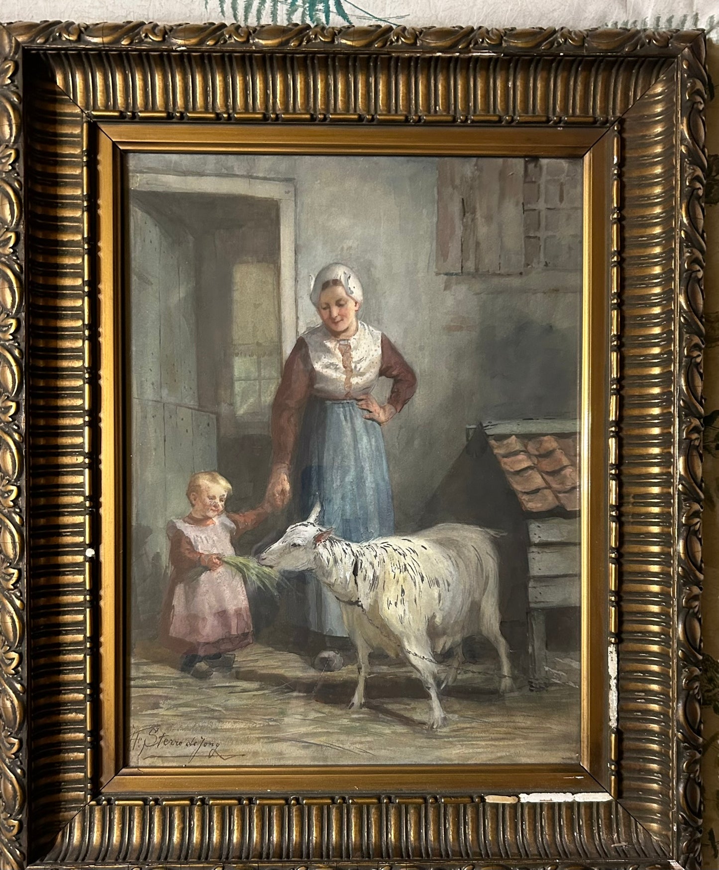 JACOBUS FREDERIK STERNE DE JONG 1866-1920 WATERCOLOR OF WOMAN, CHILD, & SHEEP