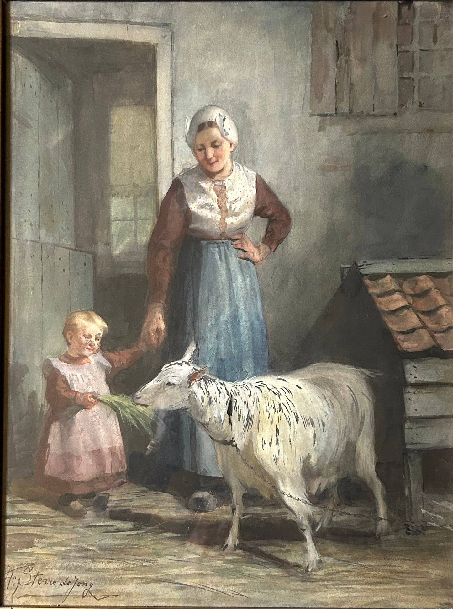 JACOBUS FREDERIK STERNE DE JONG 1866-1920 WATERCOLOR OF WOMAN, CHILD, & SHEEP