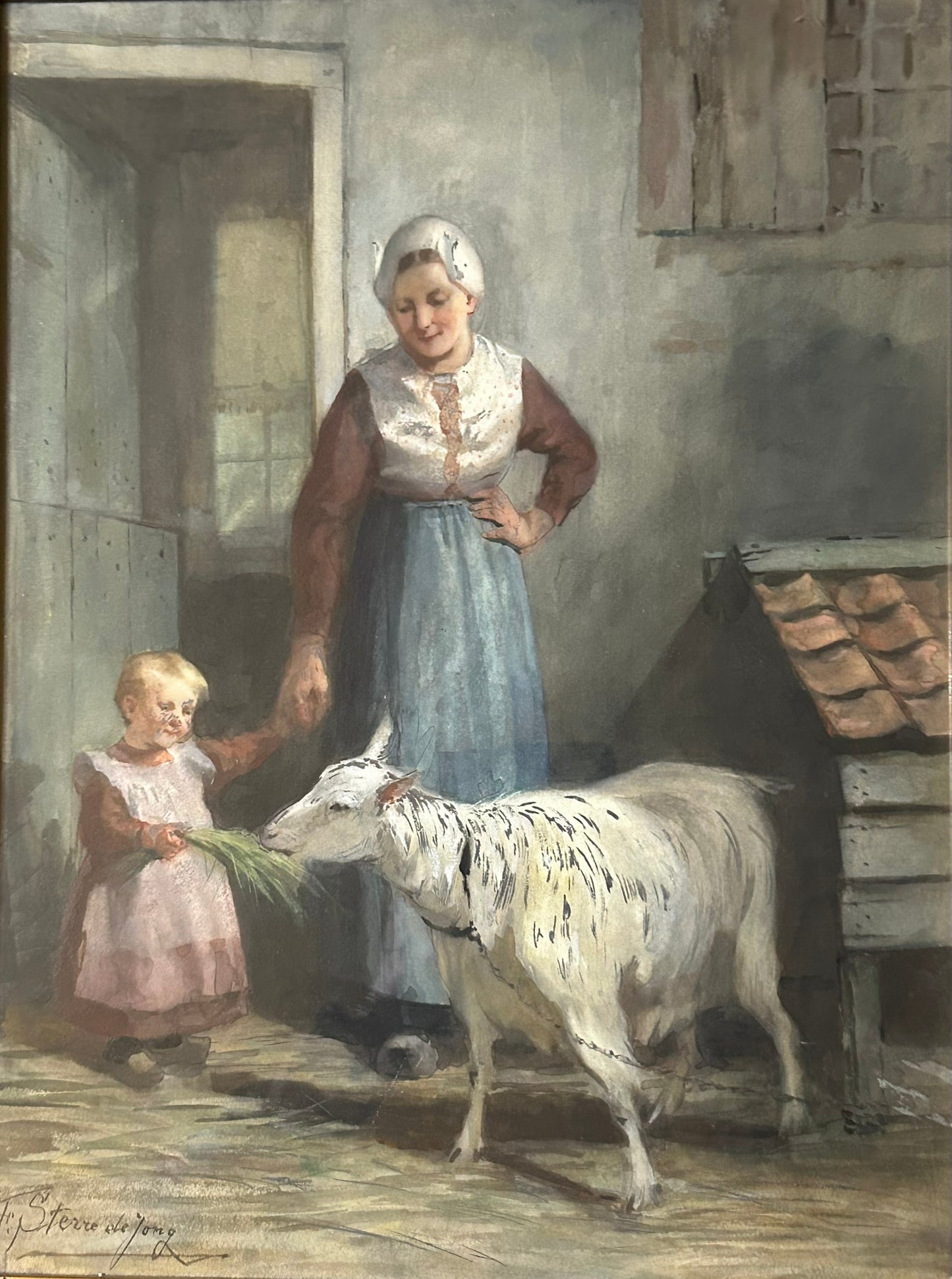 JACOBUS FREDERIK STERNE DE JONG 1866-1920 WATERCOLOR OF WOMAN, CHILD, & SHEEP