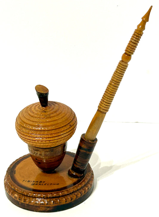 WOODEN ACORN SHAPE INKWELL AND PEN