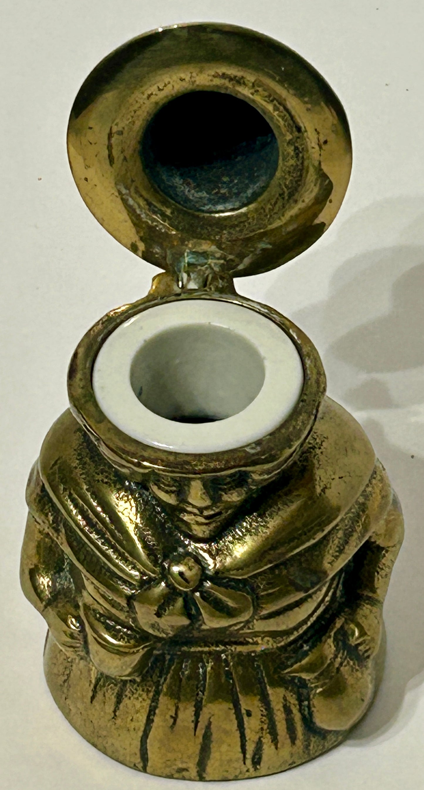 ANTIQUE PURITAN QUAKER BRONZE FIGURAL INKWELL