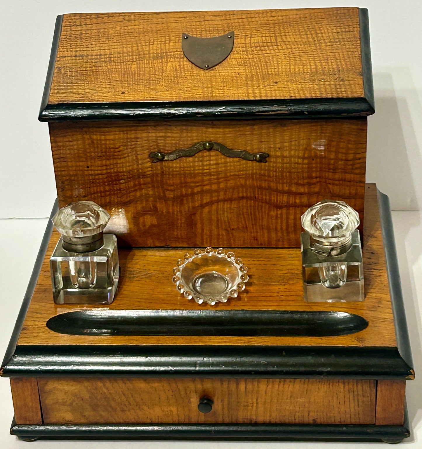 WOODEN INKWELL AND STATIONARY HOLDER ANTIQUE