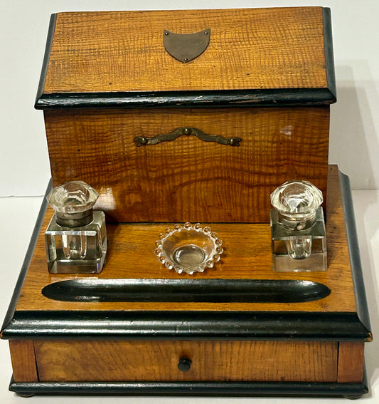 WOODEN INKWELL AND STATIONARY HOLDER ANTIQUE