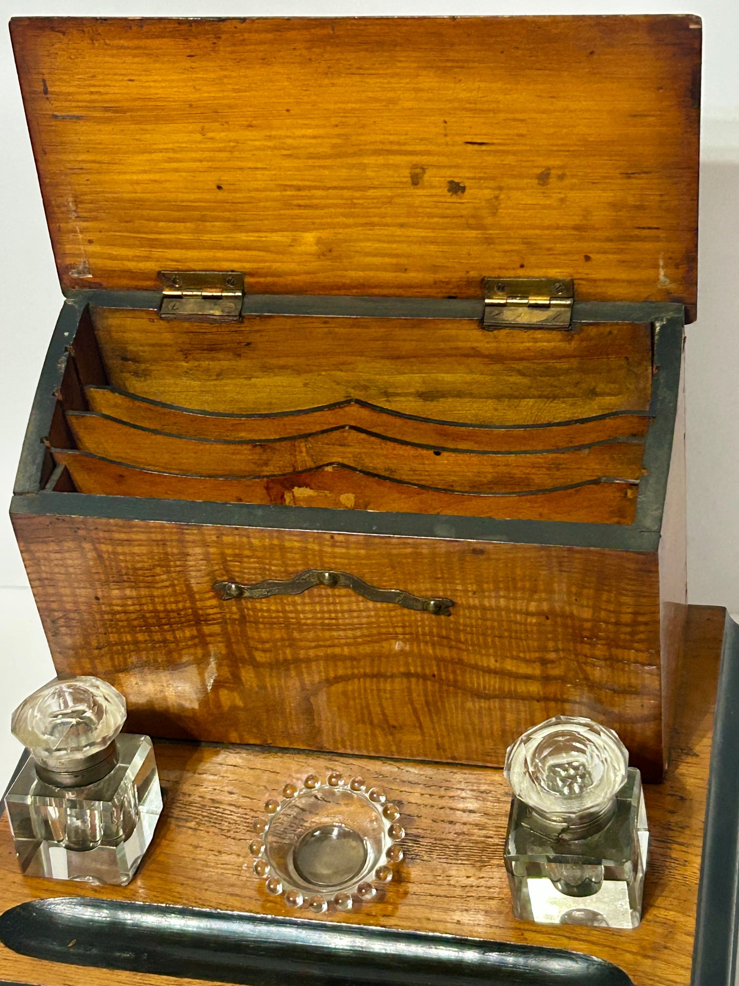 WOODEN INKWELL AND STATIONARY HOLDER ANTIQUE