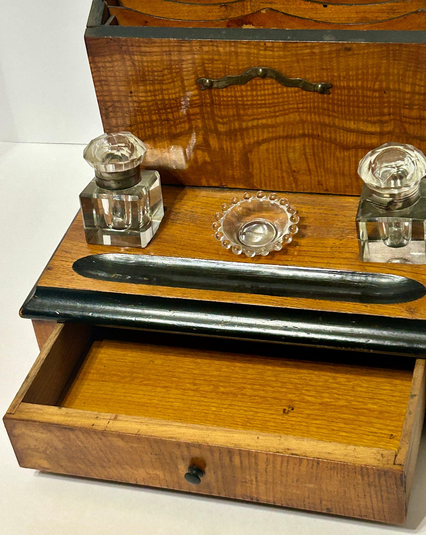 WOODEN INKWELL AND STATIONARY HOLDER ANTIQUE