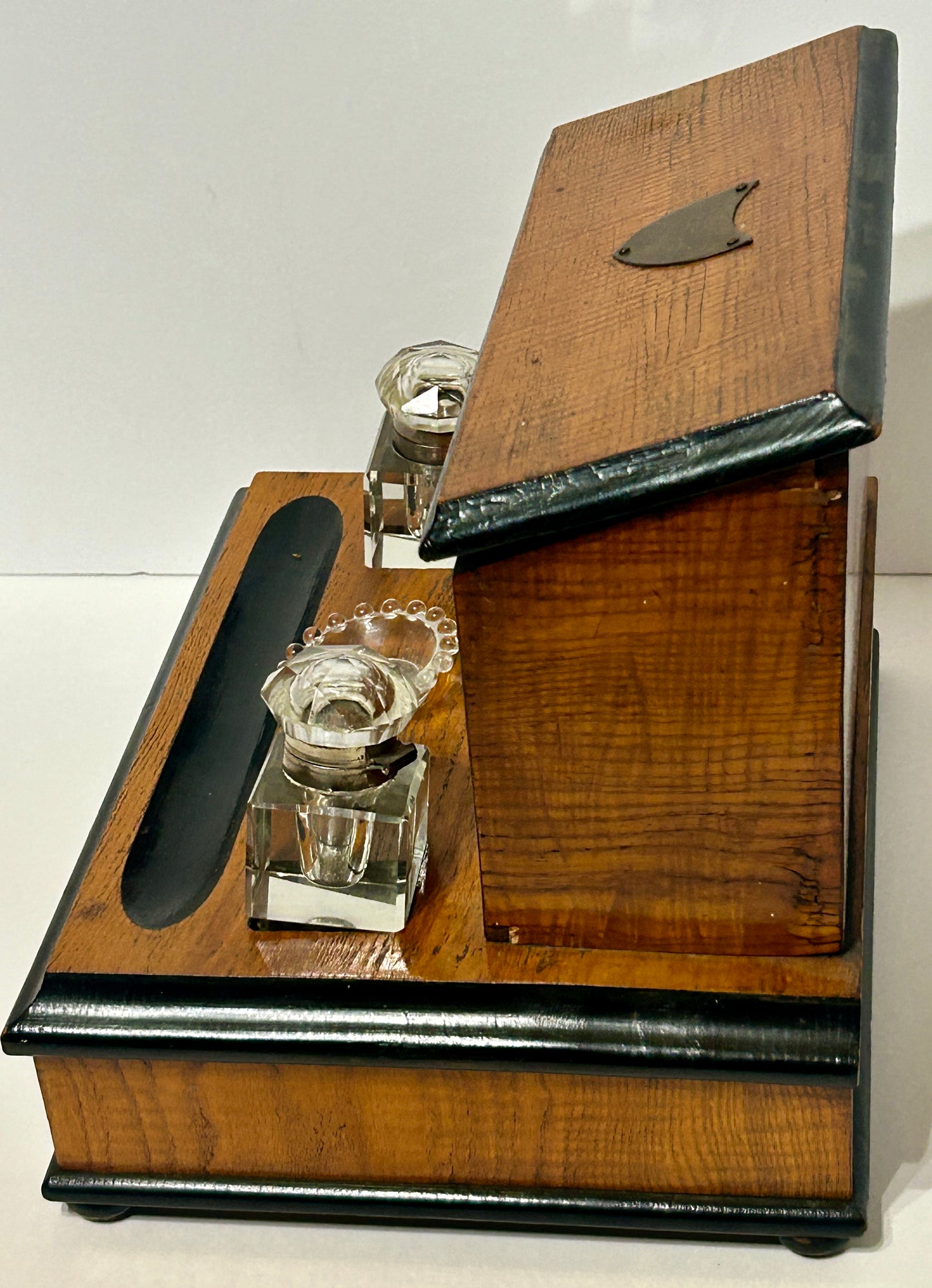 WOODEN INKWELL AND STATIONARY HOLDER ANTIQUE