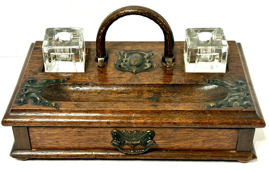 ANTIQUE WOOD DESKTOP INKWELL HOLDER WITH DRAWER