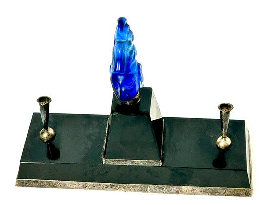 PEN HOLDER WITH BLUE GLASS FIGURE AND MEXICAN STERLING