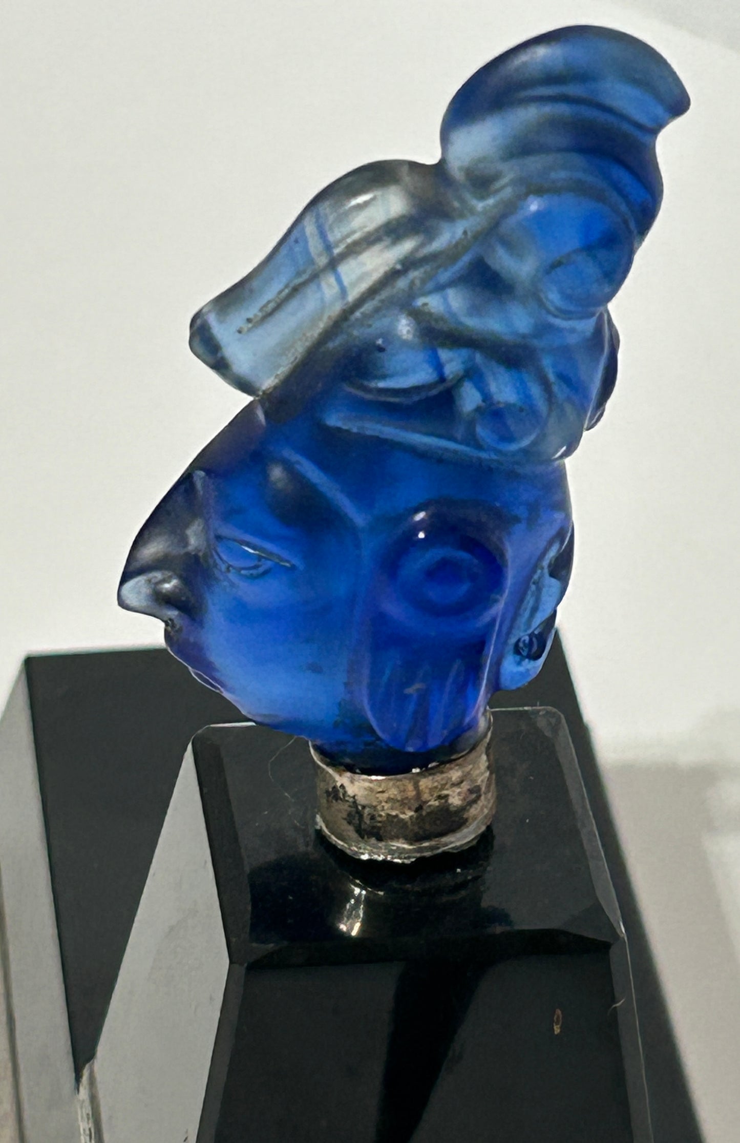 PEN HOLDER WITH BLUE GLASS FIGURE AND MEXICAN STERLING