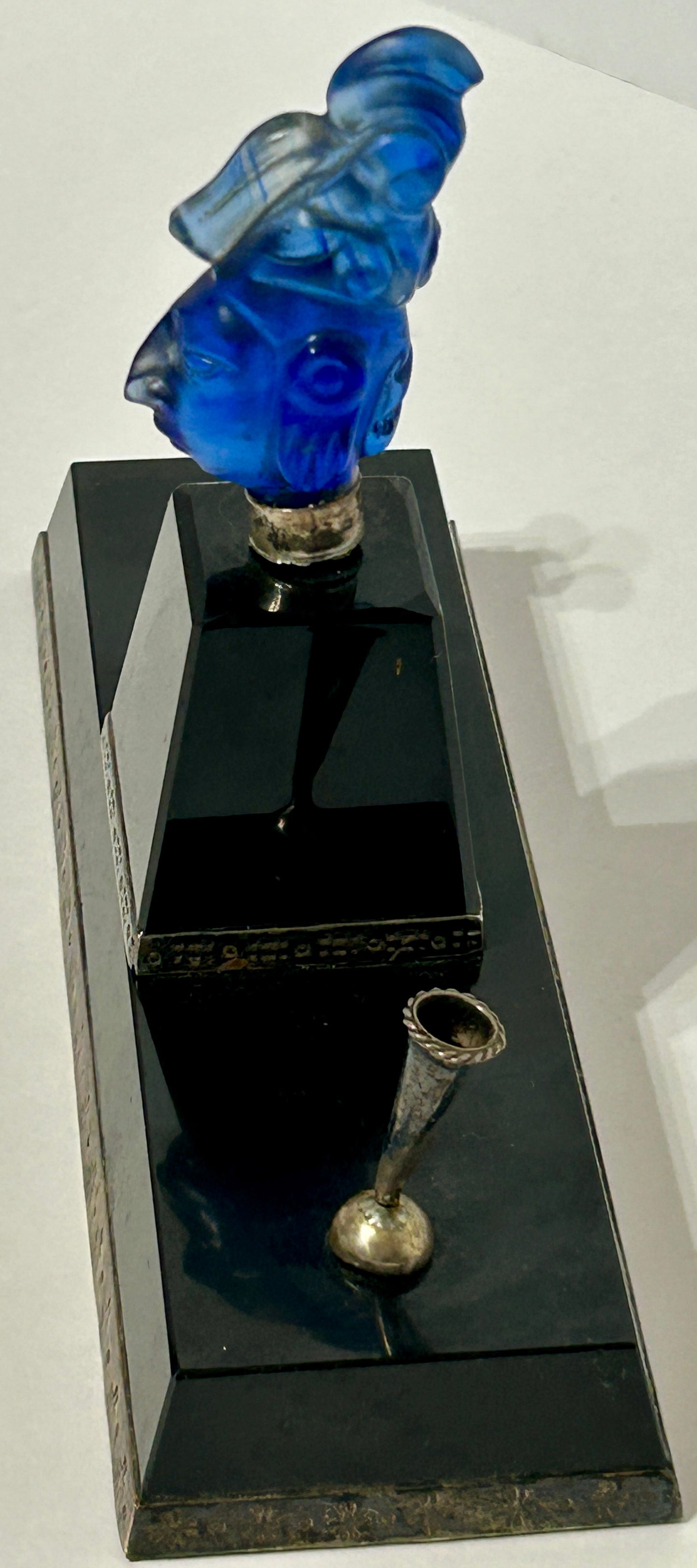 PEN HOLDER WITH BLUE GLASS FIGURE AND MEXICAN STERLING