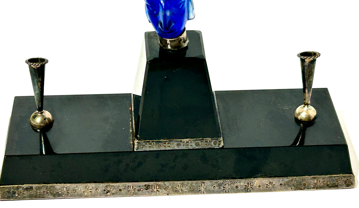 PEN HOLDER WITH BLUE GLASS FIGURE AND MEXICAN STERLING